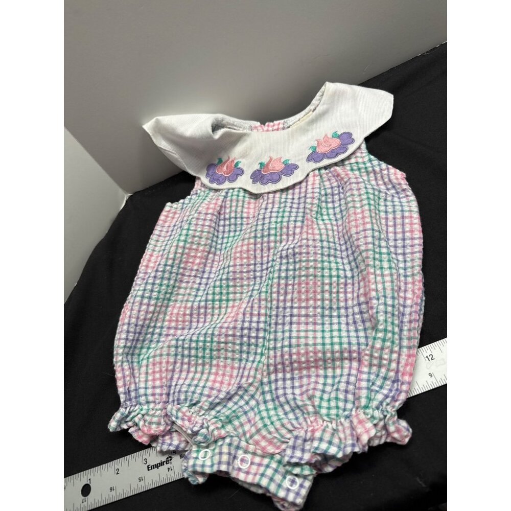 Basic Editions Baby Romper Size 3-6M Gingham Plaid Checkered Pattern Floral Embr